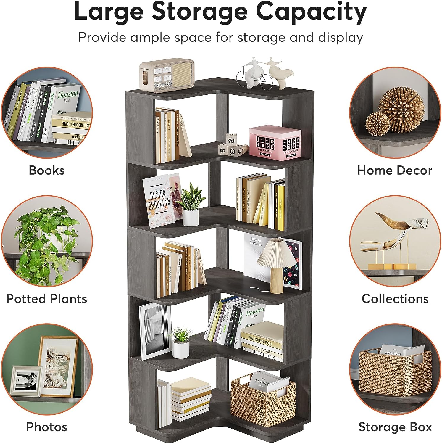 Tribesigns 6 Tier Corner Bookshelf, 64.9" Tall Industrial Bookcase with Anti drop Panel, Grey Corner Shelf for Home Office