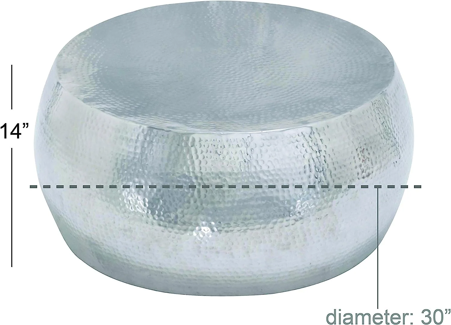 79 Aluminum Drum Shaped Coffee Table with Hammered Design  30" x 30" x 14"  Silver