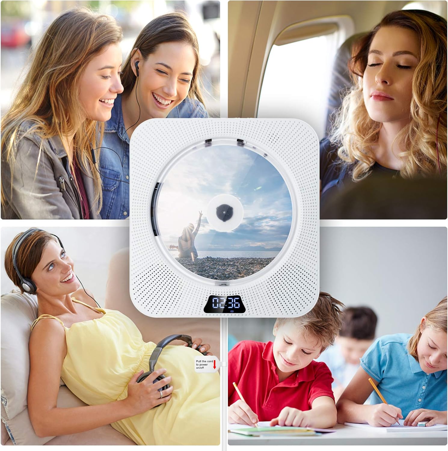 CD Player Portable with Bluetooth Wall Mountable CD Music Player Personal Home Audio Boombox Built-in HiFi Speakers FM Radio with Remote Control 3.5MM Headphone AUX Jack Support CD/USB/TF Card