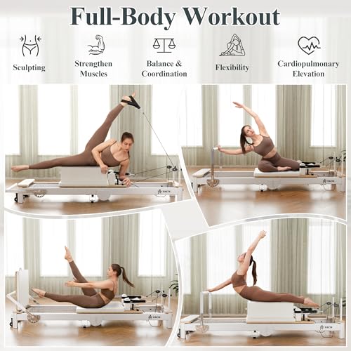 PAETA Pilates Reformer, 92” Aluminum Reformer Pilates Machine, Foldable Pilates Machine Equipment, with Music Wire Springs and Jump Boards, White