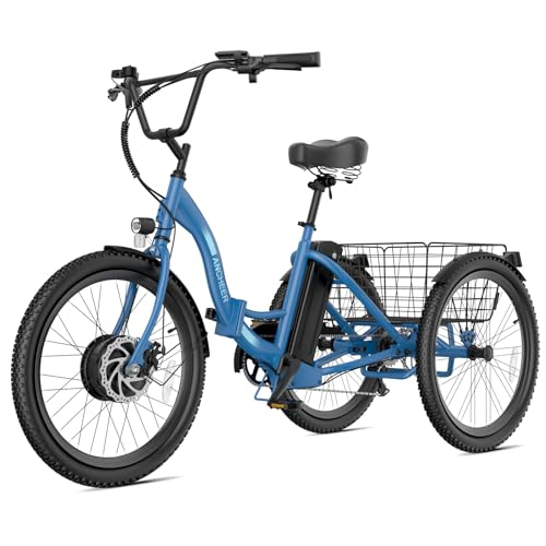ANCHEER Electric Tricycle for Adults, 350W(Peak 550W) Etrike, 48V/499Wh Ebike, 24" Folding 3 Wheel Electric Trike, 15.5MPH & 55Miles Electric Bike, Rear Differential, Rear Basket