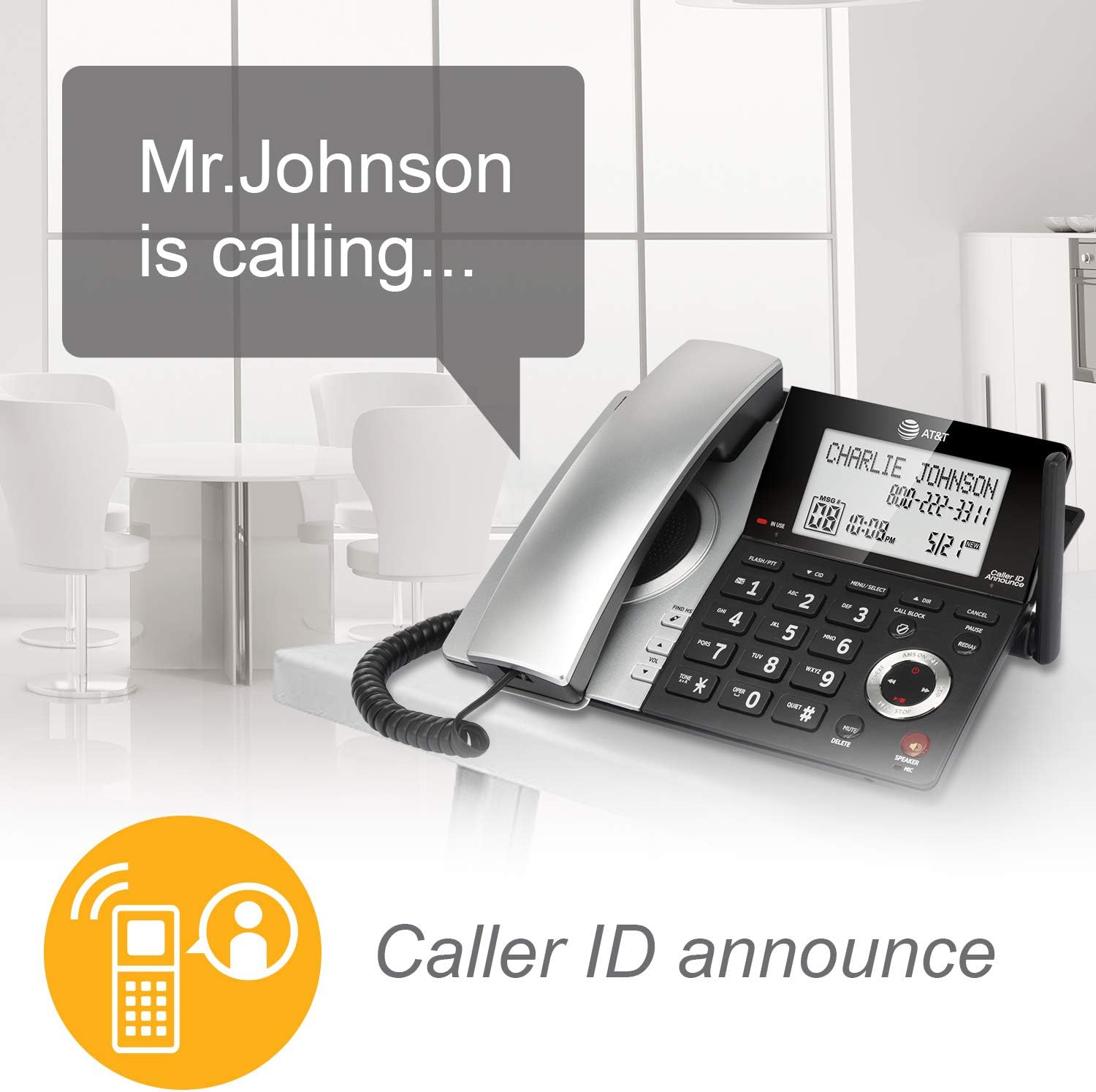 AT&T CL84107 DECT 6.0 Expandable Corded/Cordless Phone with Smart Call Blocker, Black/Silver with 1 Handset