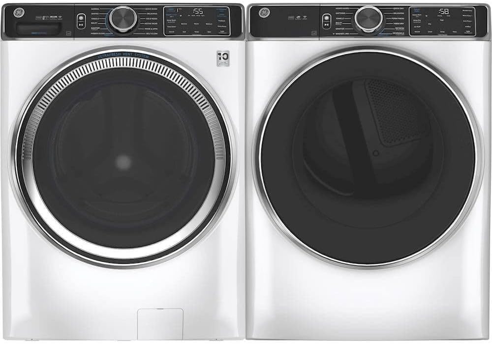 GE GFD85GSSNWW 28" Front Load Gas Dryer with 7.8 cu. ft. Capacity Stainless Steel Drum Built-in WiFi Sanitize Cycle and Damp Alert in White