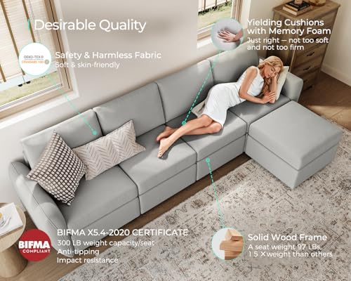 LINSY HOME Modular Sofa, All Covers Washable Changeable Sectional Couch with Storage & Memory Foam, U Shaped 4 Seat Sofa with 2 Ottomans for Living Room, Rounded Arm, Dark Grey