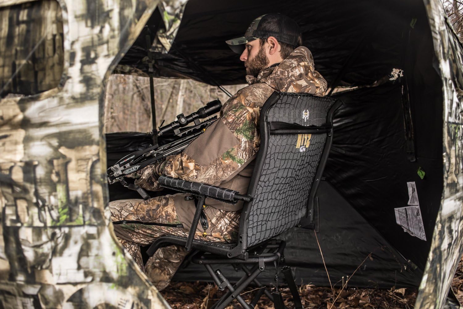 Hawk Stealth Spin Chair - Silent, Comfortable, Swiveling, Portable Chair for Camping, Hunting, Fishing, Backpacking, and More (Bone Collector Edition) , Black
