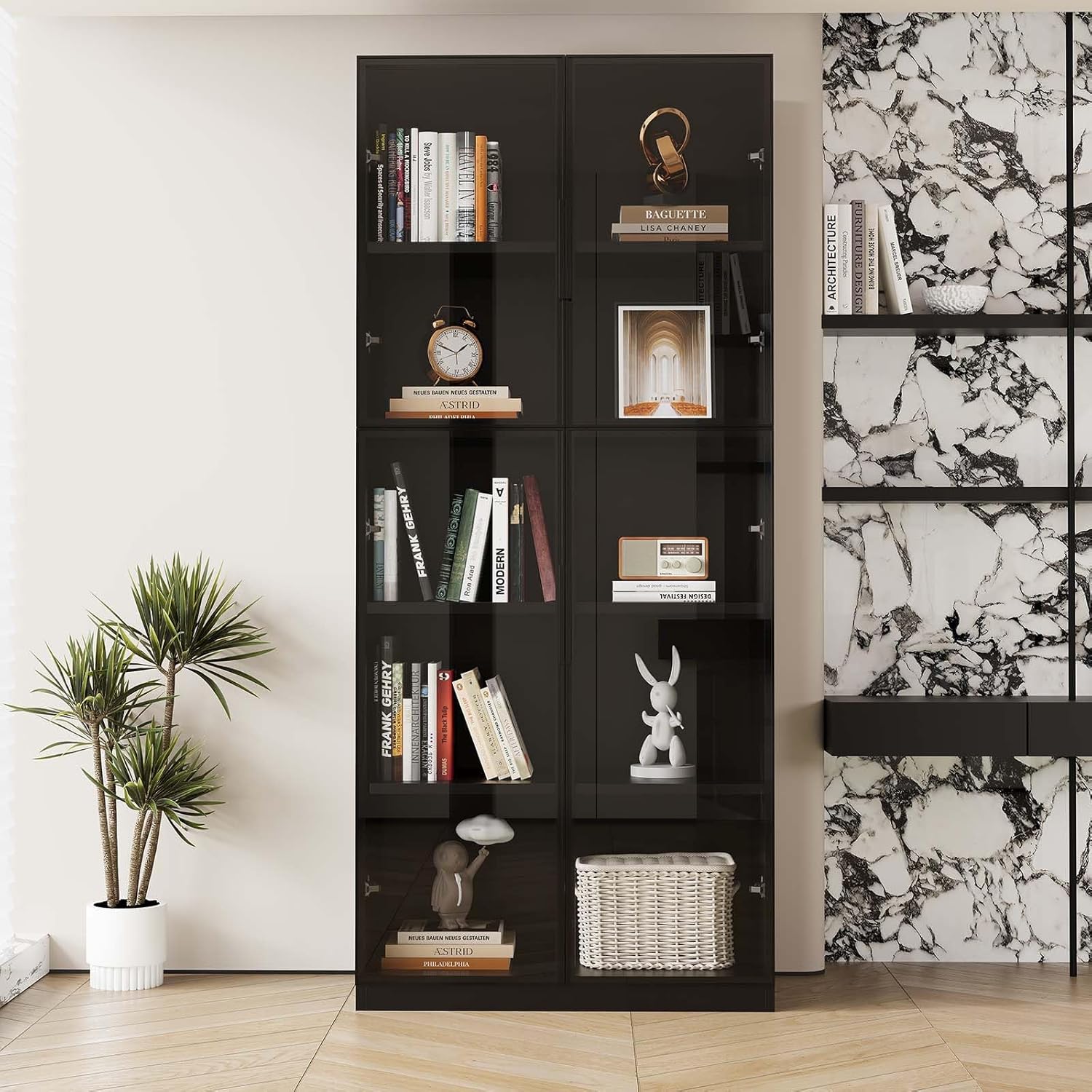 Display cabinet with LDE light and Glass Doors, Bookcase Bookshelf, Wooden Display Cabinet for Home Office, Living Room, and Dining Room - Black (31.5 "W x 16.5 "D x 78.7 "H)