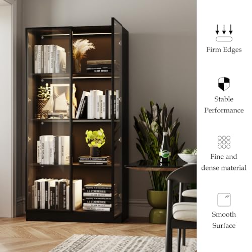 Display Cabinet with Glass Doors & Lights, 3-Tier Storage Cabinet + 2 Drawers Trophy Curio Display, Lighted Bookcase for Home Office, Black…