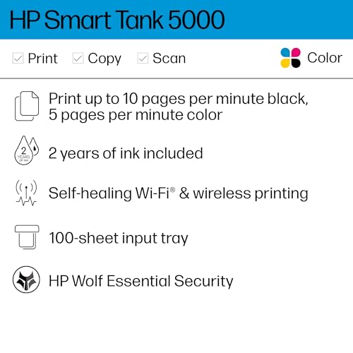HP Smart-Tank 5000 Wireless All-in-One Ink-Tank Printer with up to 2 years of ink included, mobile print, scan, copy, white, 17.11 x 14.23 x 6.19