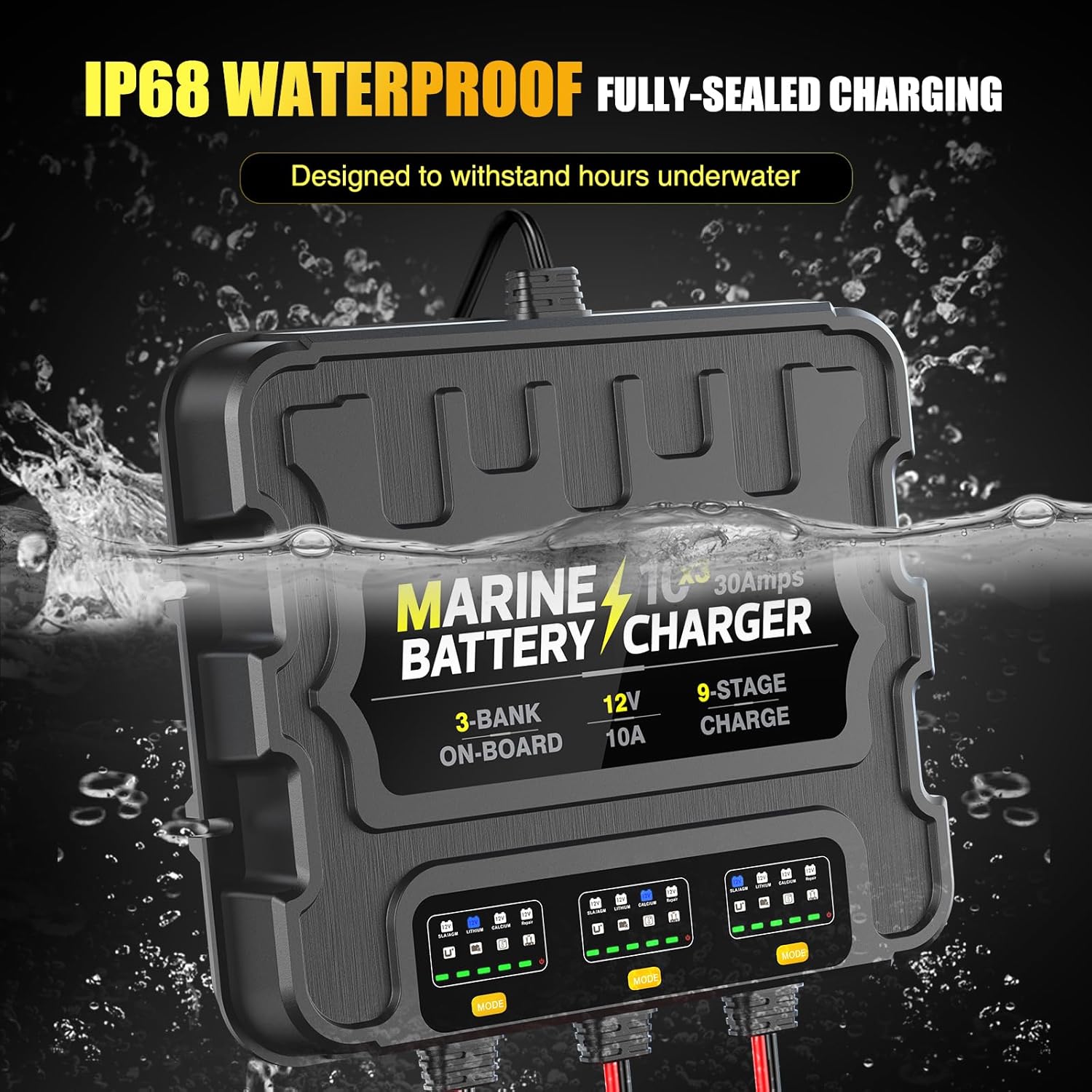 3 Bank Marine Battery Charger, 12V 30A (10A/Bank) Smart Waterproof Onboard Boat Battery Charger, Battery Maintainer & Desulfator for SLA/AGM/Lithium (LiFePO4), Calcium and Deep-Cycle Batteries