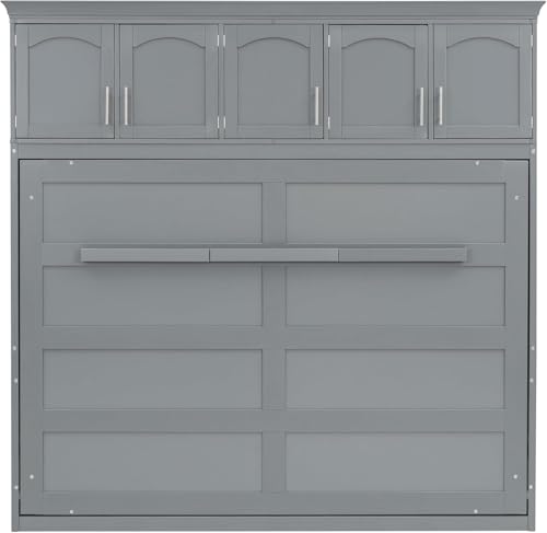 MERITLINE Queen Horizontal Murphy Bed Cabinet with Storage Bookcase Shelves and Charging Station,Wood Folding Grey Murphy Wall Bed for Adult