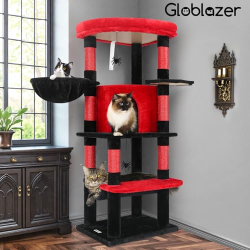 Globlazer Corner Cat Tree for Large Cats, 66inch Tall Curved Series Large Cat Tower for Multiple Indoor Cats with 6 Scratching Posts, 2 Spacious Cat Condos, Hammock, Hanging Basket, C66, Beige
