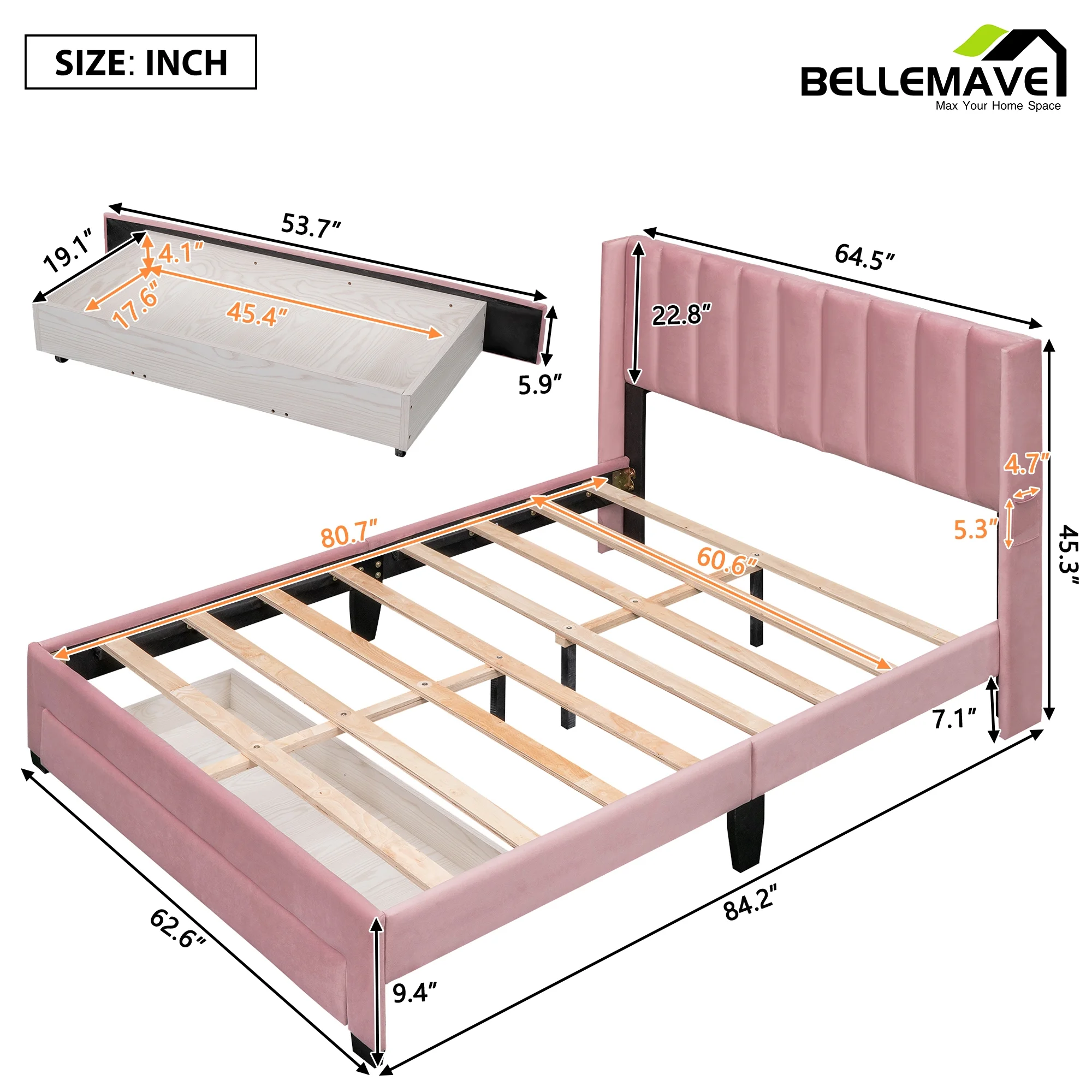 Bellemave Queen Size Pink Velvet Upholstered Wood Platform Bed with a Big Drawer and Soft Headboard
