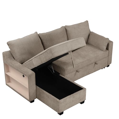 90" Pull Out Sleeper Sofa for Living Room, L-Shaped Couch Convertible Sofa Bed with Storage Chaise, Storage Racks and USB Ports, Space-Saving Design (Light Brown)
