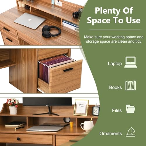 4 EVER WINNER Computer Desk with Storage Drawers and Hutch, 44 Inch Farmhouse Writing Study Desk with Monitor Stand for Small Space, Home Office Desks Wooden Desk for Bedroom, Home Office, White