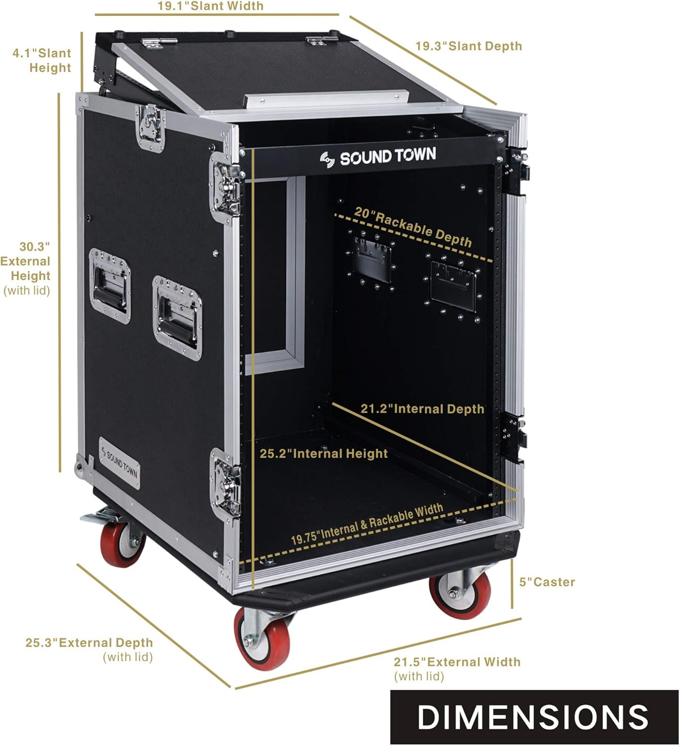 Sound Town 14U PA DJ Rack/Road ATA Case with 11U Slant Mixer Top, 20���� Rackable Depth, DJ Work Table and Casters, 14 Space Size, Pro Tour Grade (STMR-14UWT)