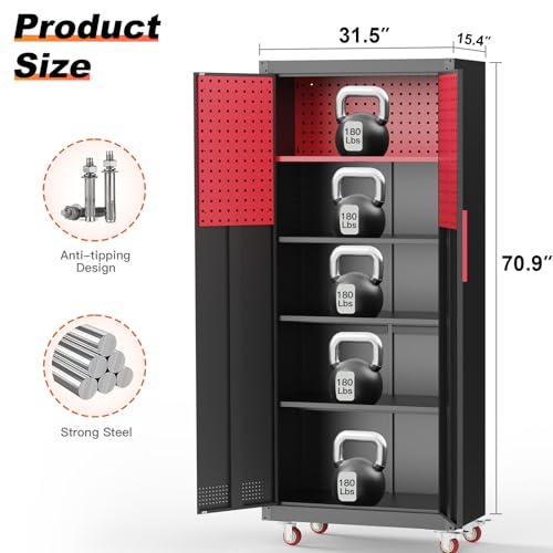 Metal Garage Storage Cabinet, Tall Garage Cabinets with 5 Adjustable Shelves, Steel Tool Storage Cabinet with Wheels,Lockable Heavy Duty Metal Cabinets for Home, Warehouse,Basement