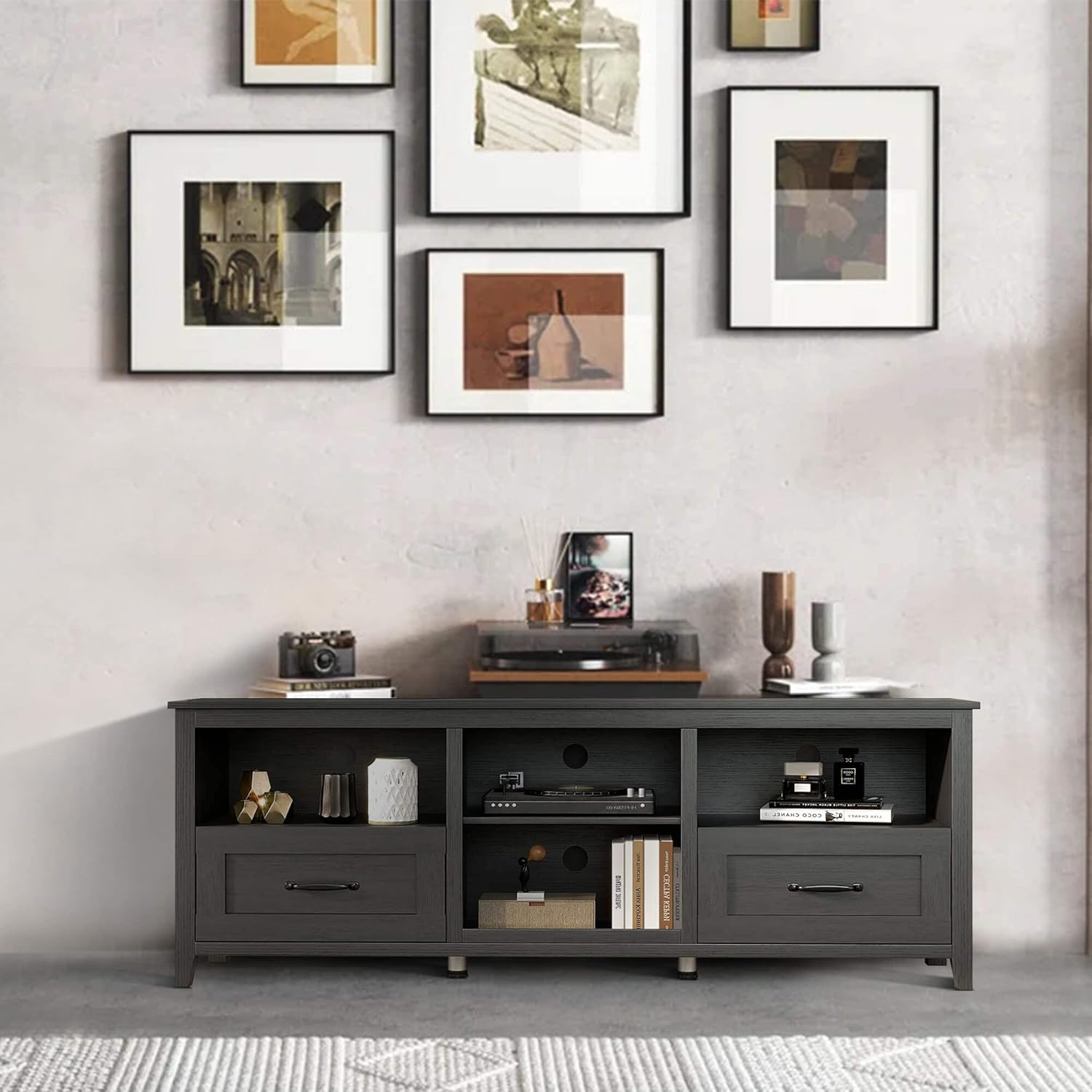 Black TV Stand for 55/65/70/75/80 inch TV, TV Media Center, Modern Entertainment Center with Drawers Wood Storage Cabinet Media Console for Living Room, Bedroom, 70 inch Long