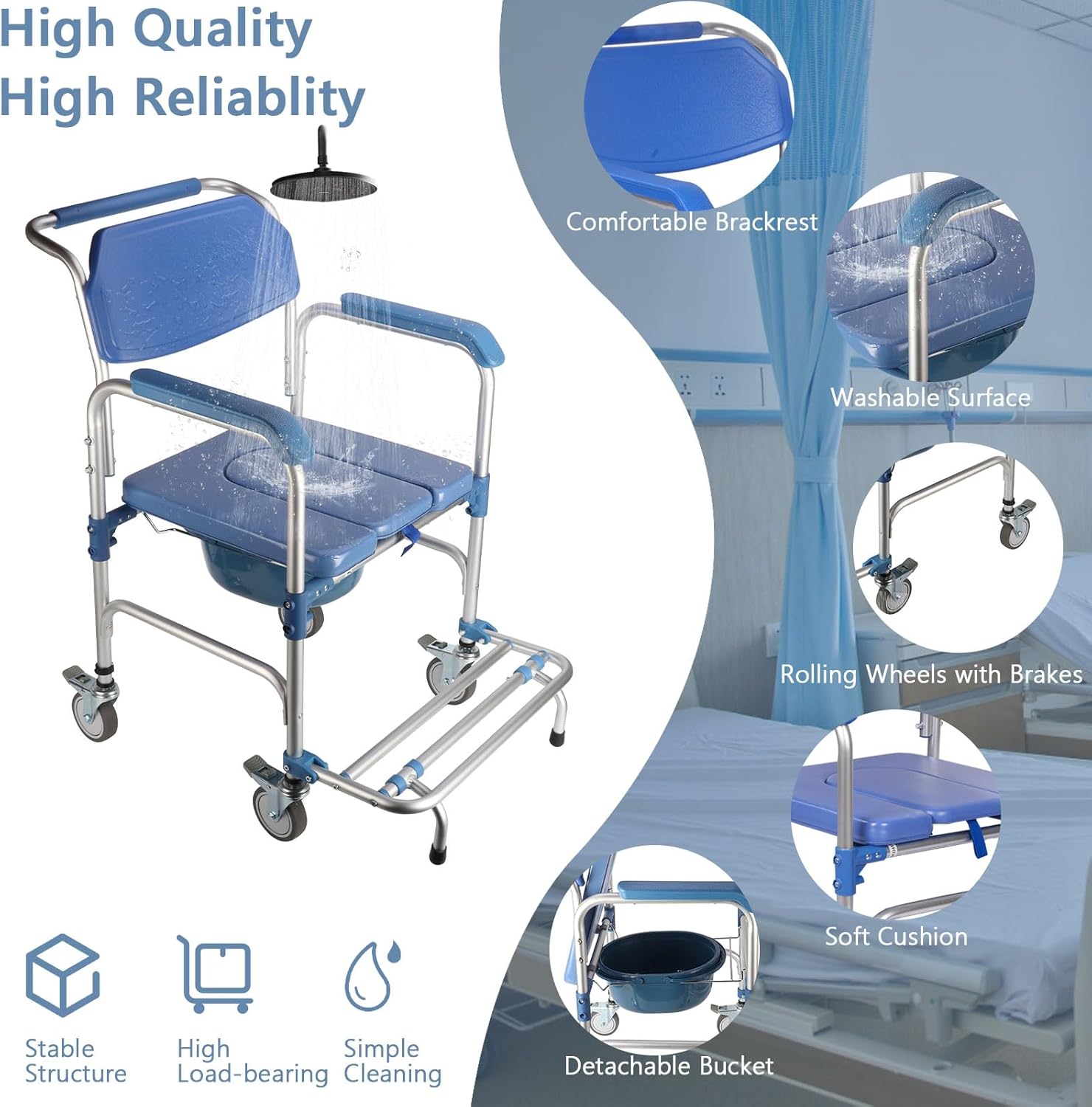 Shower Chair with Wheels 3 in 1 Commode Chair for Toilet with Arms Waterproof Rolling Transport Chair Bedside Commode for Seniors and Disabled, Weight Capacity 350lbs