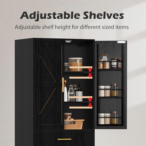 71" Tall Kitchen Pantry Storage Cabinet with 4 Doors & Drawer, Adjustable Shelves, Farmhouse Cupboard, Freestanding Cabinet with Door Shelves for Dining Room/Living Space, Black