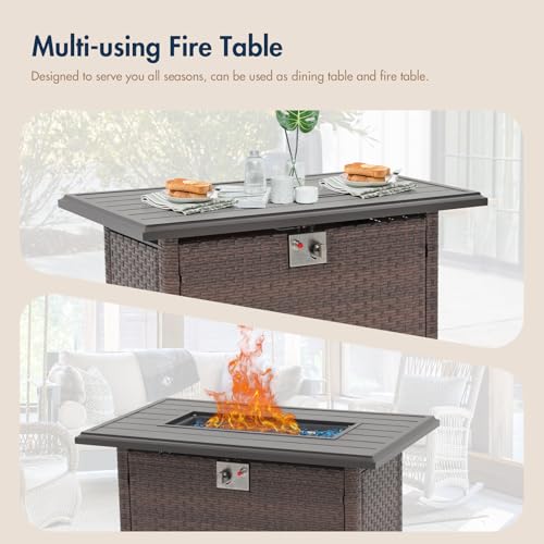 SUNSITT Outdoor Fire Pit Table 43 Inch Wicker Propane Fire Pit with Aluminum Tabletop 50,000 BTU Gas Firepit with Fire Glass, Lid, Cover, Taupe Rattan