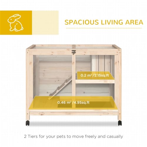 Wooden Rabbit Hutch - Bunny House and Guinea Pig Cage - Rabbit House with Tray and Wheels - Rabbit Cage with Ramp - Openable Roof with Easy-Open Latch - Pet House for Small Animals - Blue & White