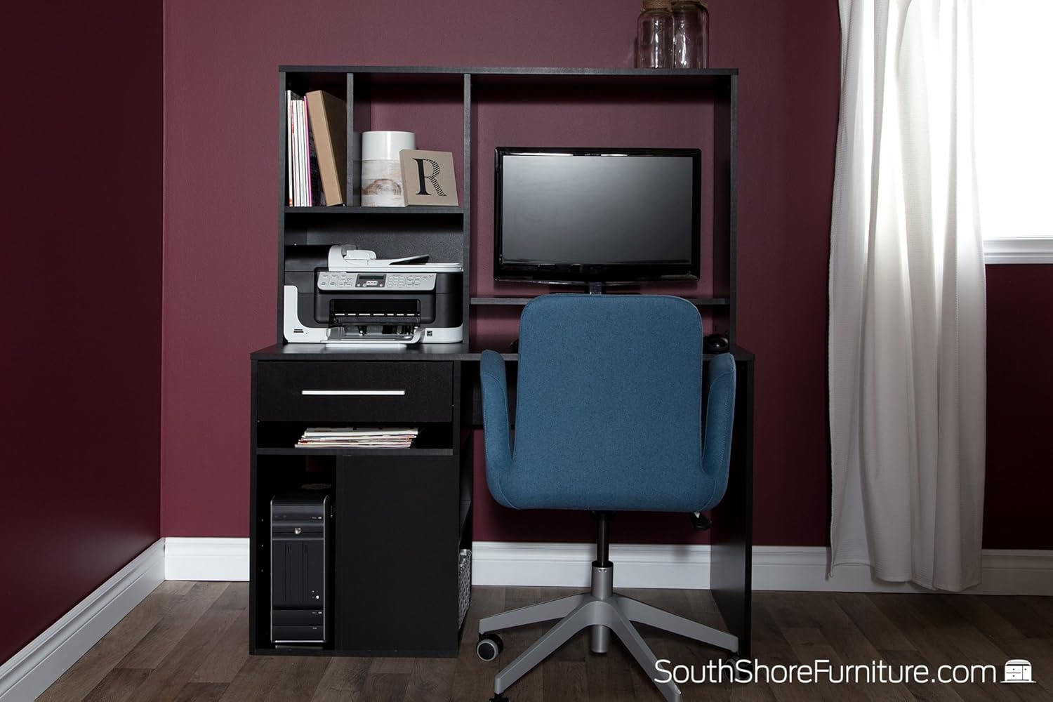 South Shore Narrow Home Office Computer Desk with Hutch, Pure Black