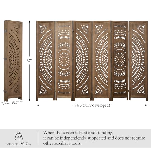 Room Divider Wood Carved Wall Divider Indoor Folding Bohemian Style Portable Partition Screen for Home Office Garden Terrace - 6 Panels (Antique, White-Washed)