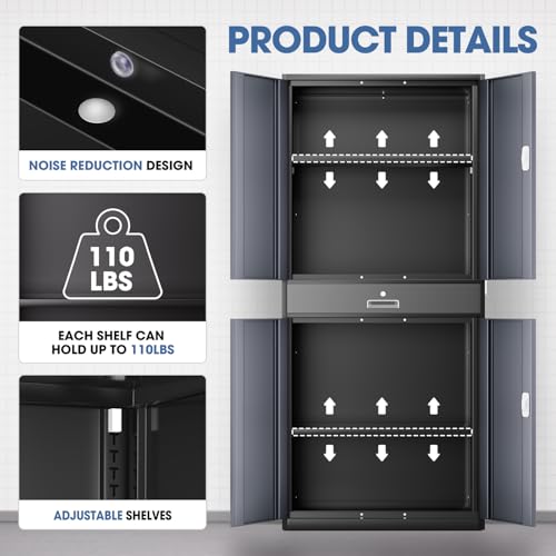 DNA MOTORING 71'' Metal Storage Cabinet, Locking Tool Cabinet with 1 Drawer and Adjustable Shelves, Lockable Heavy Duty Metal Locker for Garage,Office,Home,Gym, Gray, TOOLS-00629-GY-GY-A
