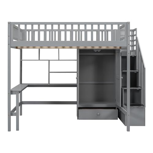 Full Size Loft Bed with Wardrobe Desk Storage Stairs, Wood Loft Bed Frame with Bookcase and Drawers, High Loft Bedframe for Kids Teens Adults, No Box Spring Needed, Espresso