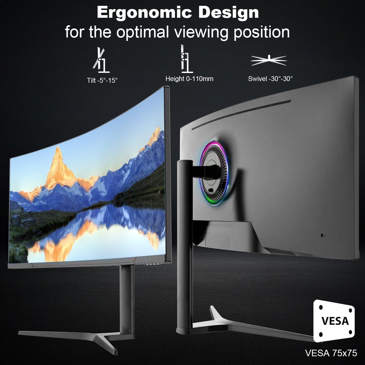34" Curved WQHD 3440×1440 Gaming Monitor 165Hz, 1ms, 1500R, HDR 10, 100% sRGB PC Screen, AMD Free-Sync Premium/G-Sync Compatible, 2 x DispalyPort 1.4 & HDMI 2.0, Height/Tilt Adjustable Stand, Black