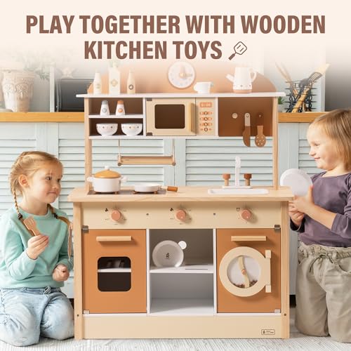 ROBUD Play Kitchen Set, Wooden Play Kitchen with Ice Maker, Fridge, Coffee Machine, Oven, Dishwasher, Microwave, Kitchen Accessories, Toy Kitchen Gift for Boys Girls, 3+
