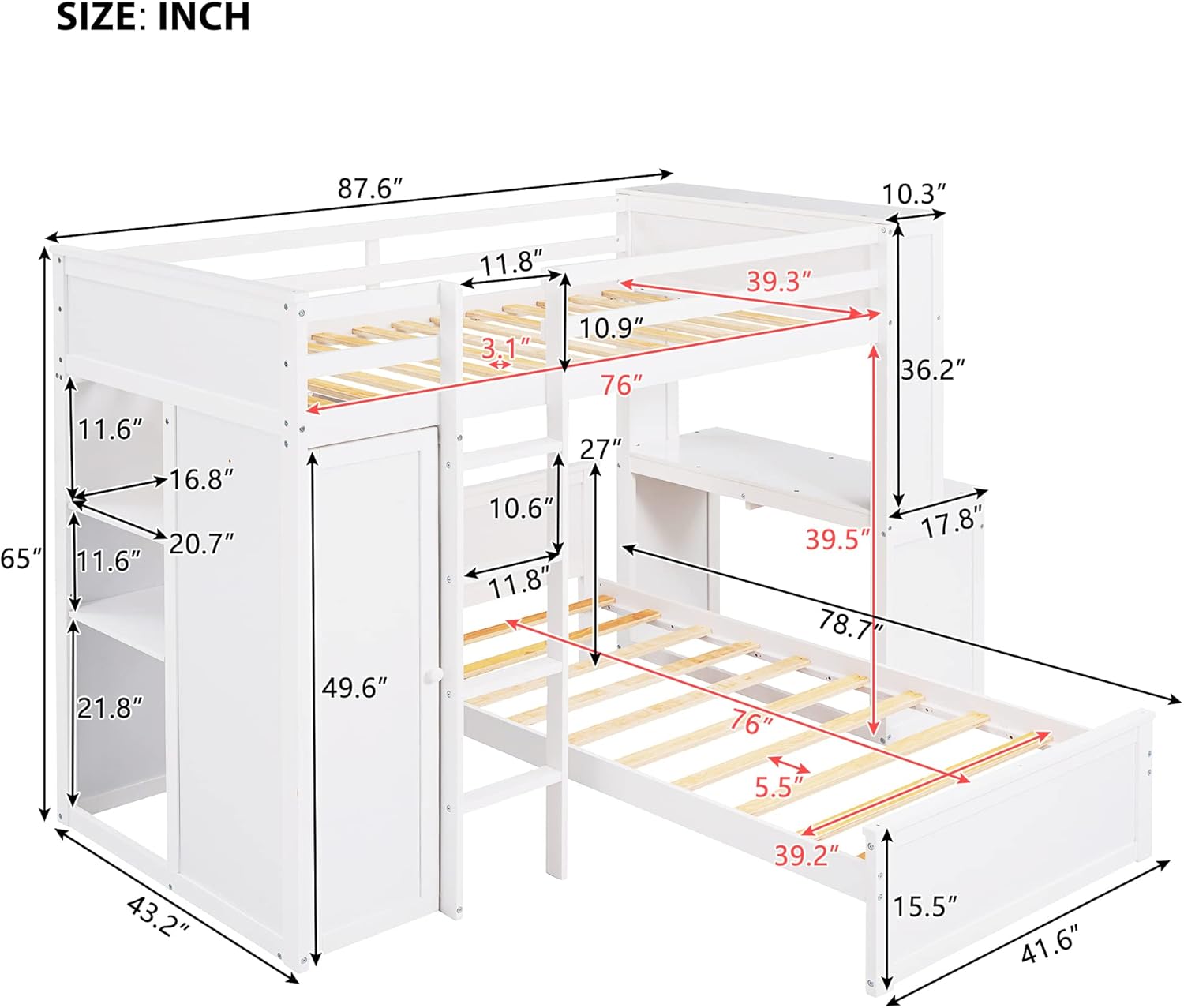 Twin Wooden Bunk Loft Bed with Shelves Desk and Wardrobe for Kids Teens Adults, White