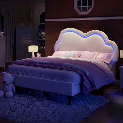 Jocisland LED Bed Frame Queen Size Velvet Upholstered Platform Bed with Adjustable Cloud Headboard, No Box Spring Needed, Easy Assembly, Cream