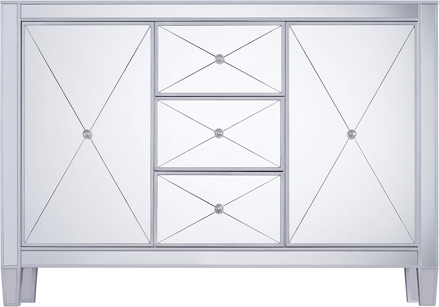 SEI Furniture Mirage Mirrored 3 Drawers, Faux Crystal Knobs, and Matte Silver Trim Cabinet