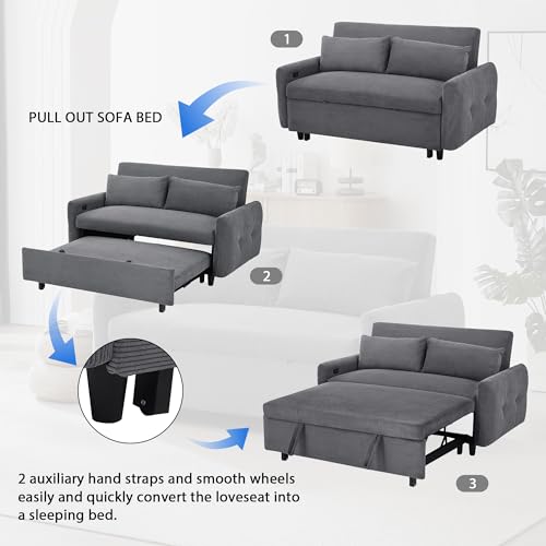 Merax Pull-Out Sofa Bed with Adjustable Backrest and Comfy Throw Pillows, 2 Seat Loveseat & USB Ports, 3 in 1 Convertible Couch Sleeper for Living Room, Apartment, Office, Small Spaces, Light Blue