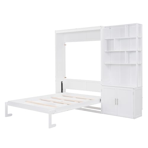 Queen Size Murphy Bed with Desk, 68 inch Murphy Bed Frame, Solid Wood Foldable Platform Bed,Foldable Cube Cabinet Queen Platform Bed, Space-Saving Wall Bed for Guest Room Home Office, White