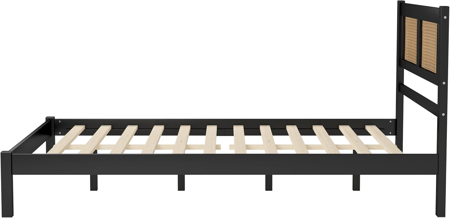 Queen Size Wooden Platform Bed with Natural Rattan Headboard, Exquisite Elegance with Minimalist Charm for Bedroom, Black
