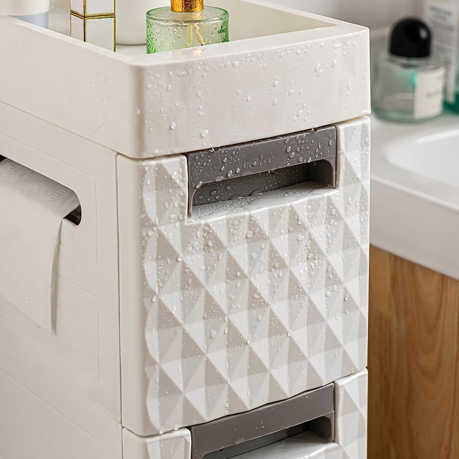 Small Bathroom Storage Cabinet with Moveable Drawers Slim Storage Tower with Wheels Drawer Cart Storage Tower Furniture Narrow Storage Drawer Cart Unit for Bedroom Hallway Closet Office Organizat