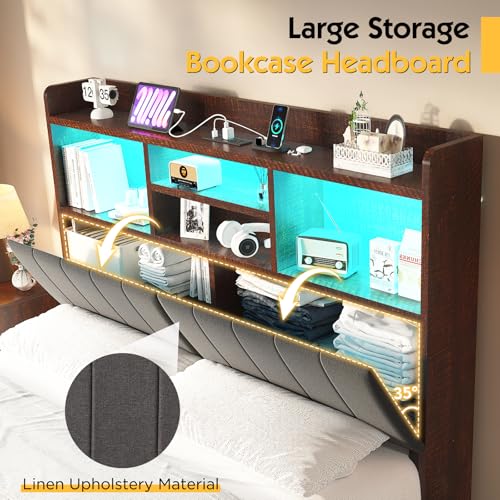 Full Farmhouse Bed Frame with Bookcase Headboard and 4 Drawers, LED Storage Bed with Charging Station & Linen Upholstered, No Box Spring Needed, Black