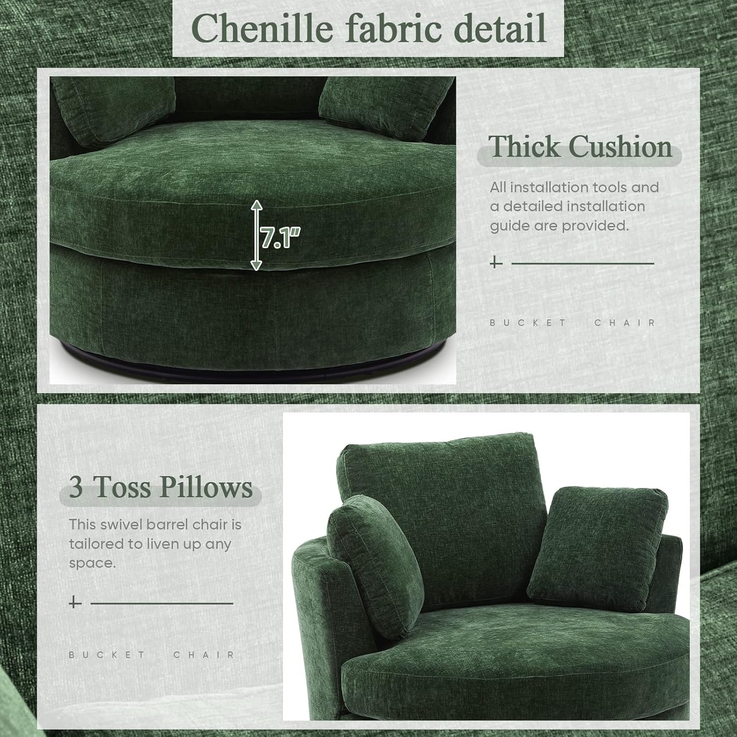 Oversized Swivel Chair Living Room Lounge, Modern Round Swivel Barrel Chair Bedrooms Club Chairs Boucle Upholstered Circle Big Accent Corner Chair with 3 Pillows(Green Chenille)