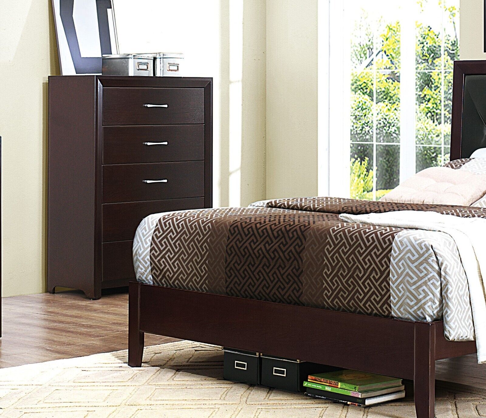 Contemporary Espresso Finish Bedroom 5pc Set Full Bed Dresser Nightstand Chest Mirror
