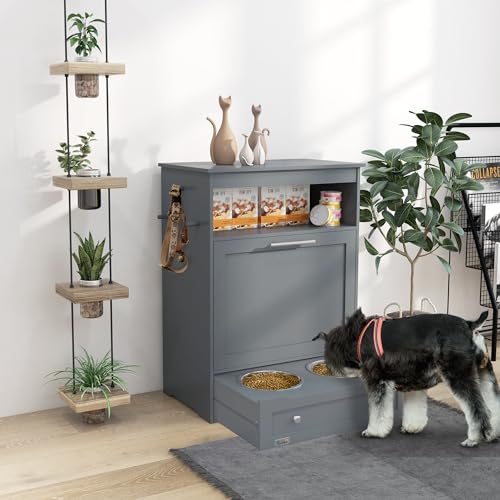 PawHut Pet Feeder Station Storage Cabinet, Dog Food Storage Container with Dog Raised Bowls and Hanger for Feeding & Watering Supplies, White