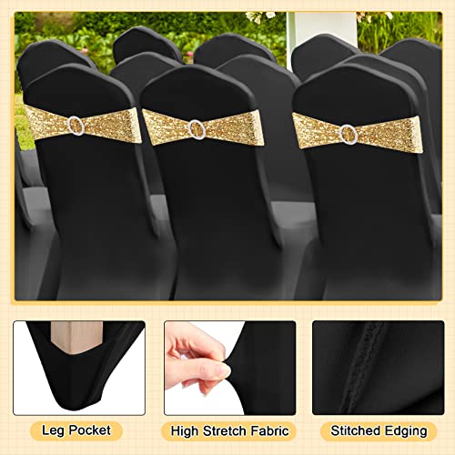 Chumia 50 Sets Chair Covers and Chair Sashes, Spandex Stretch Chair Slipcovers with Shiny Sparkly Chair Bands Bows for Wedding Party Banquet Dining Chair Decor (Black,Rose Red)