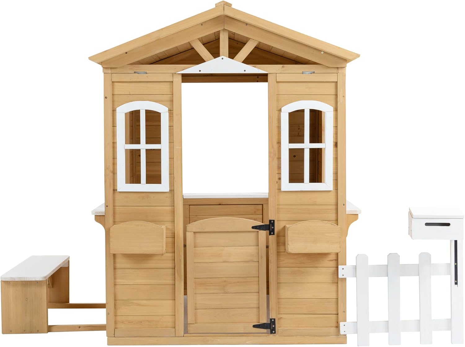 Wooden Playhouse for Kids, Outdoor Kids Playhouse with Working Door, Windows, Mailbox, Bench, Flowers Pot Holder, Playhouses for Kids Ages 4-8, 39" x 38" x 55.5"