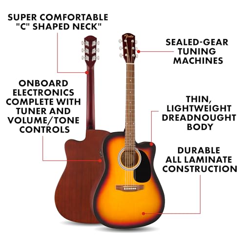 Fender FA-25CE Dreadnought Acoustic Electric Guitar, Beginner Guitar, with 2-Year Warranty, Includes Built-in Tuner and On-Board Volume and Tone Controls, Comes with Free Lessons, Sunburst