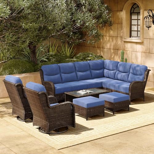 Luxury Patio Furniture Set with 6-inch Thick Cushion, Outdoor Couch and High Back Swivel Rocker Patio Chairs, 7PCS Wicker Conversation Set for Deck, Yard, and Poolside in Blue (V2)