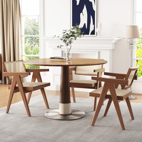 Modern Round Wooden Dining Table - Round Dining Table for 4 to 6 People - Solid Wood Legs, Metal Base - Round Kitchen Table for Dining Room Table - Easy Assembly，Walnut ，43.3"