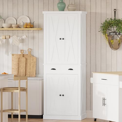 IRONCK Kitchen Pantry Storage Cabinet 72.6" H x 24" W, with Barn Doors, Drawer, 4 Adjustable Shelves, Freestanding Cupboard for Dining Room Living Room, Laundry, White