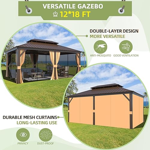 MELLCOM 12'x16' Hardtop Gazebo, Galvanized Steel Metal Double Roof Canopy with Curtains and Netting, Brown Permanent Pavilion Gazebos with Aluminum Frame for Garden, Patio, Lawns, Deck