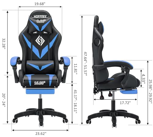 HOFFREE Gaming Chair Massage with Bluetooth Speakers and Led Lights Ergonomic Computer Gaming Chair with Footrest RGB Video Game Chair with High Back Lumbar Support Blue and Black